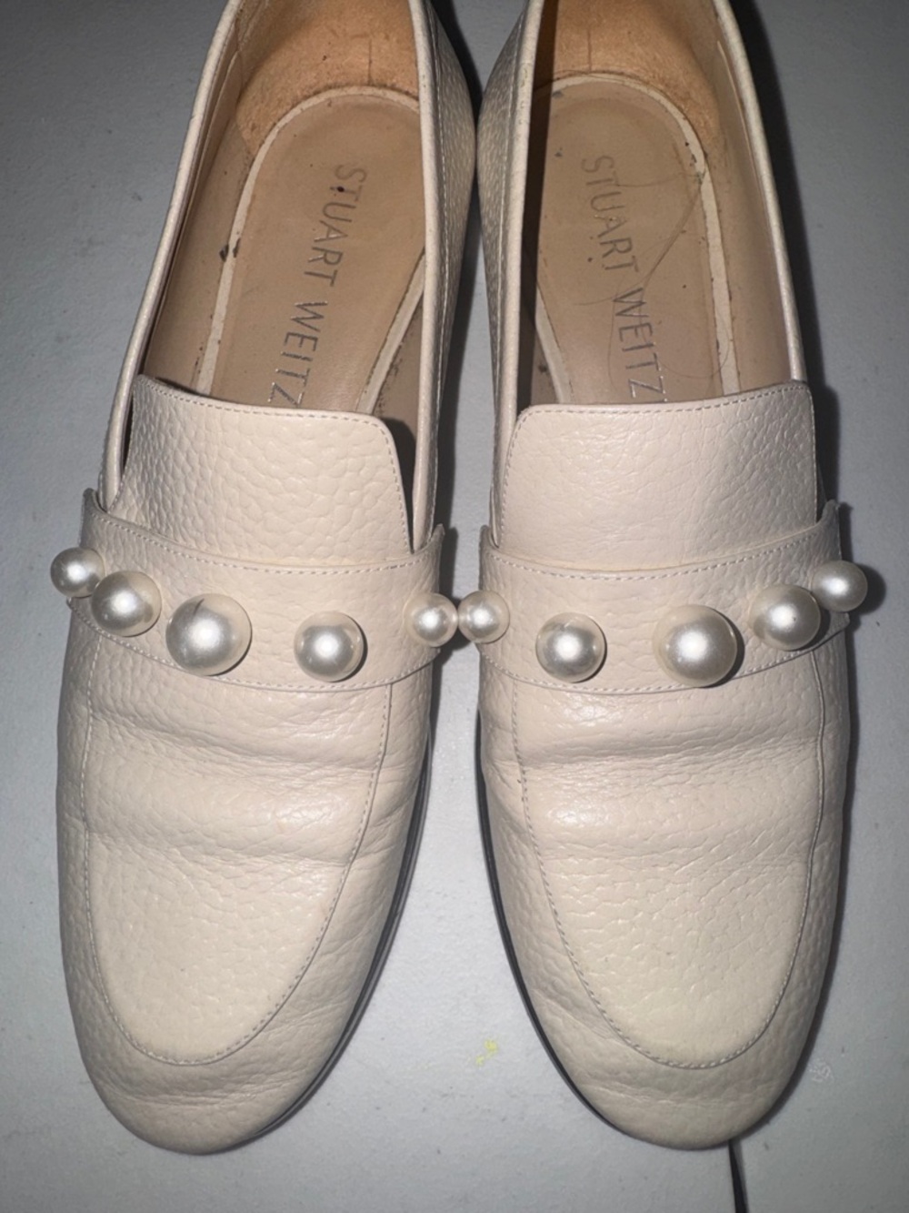 Stuart Weitzman Cream Pearl-Embellished Leather Loafers